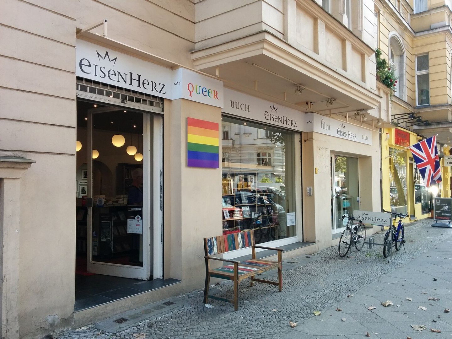 Prinz Eisenherz queer bookstore storefront on Motzstraße with eisenHerz signage
