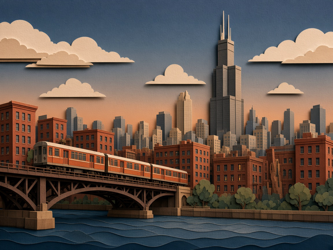 Layered papercut portrait of Chicago at dusk with Willis Tower, an L train on a steel bridge, brick warehouses, and steel-blue water