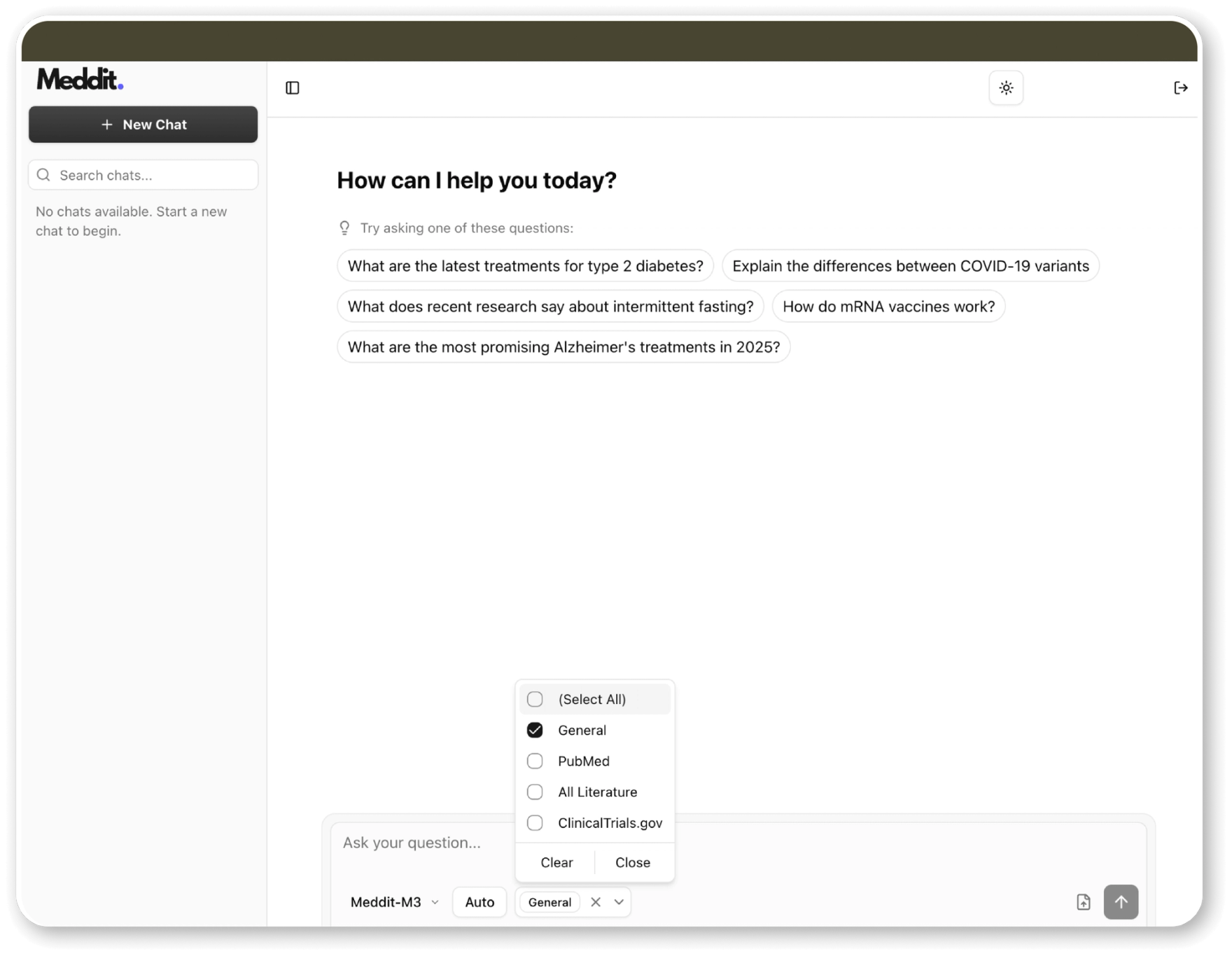 Screenshot of Meddit.ai platform home page, selecting mode