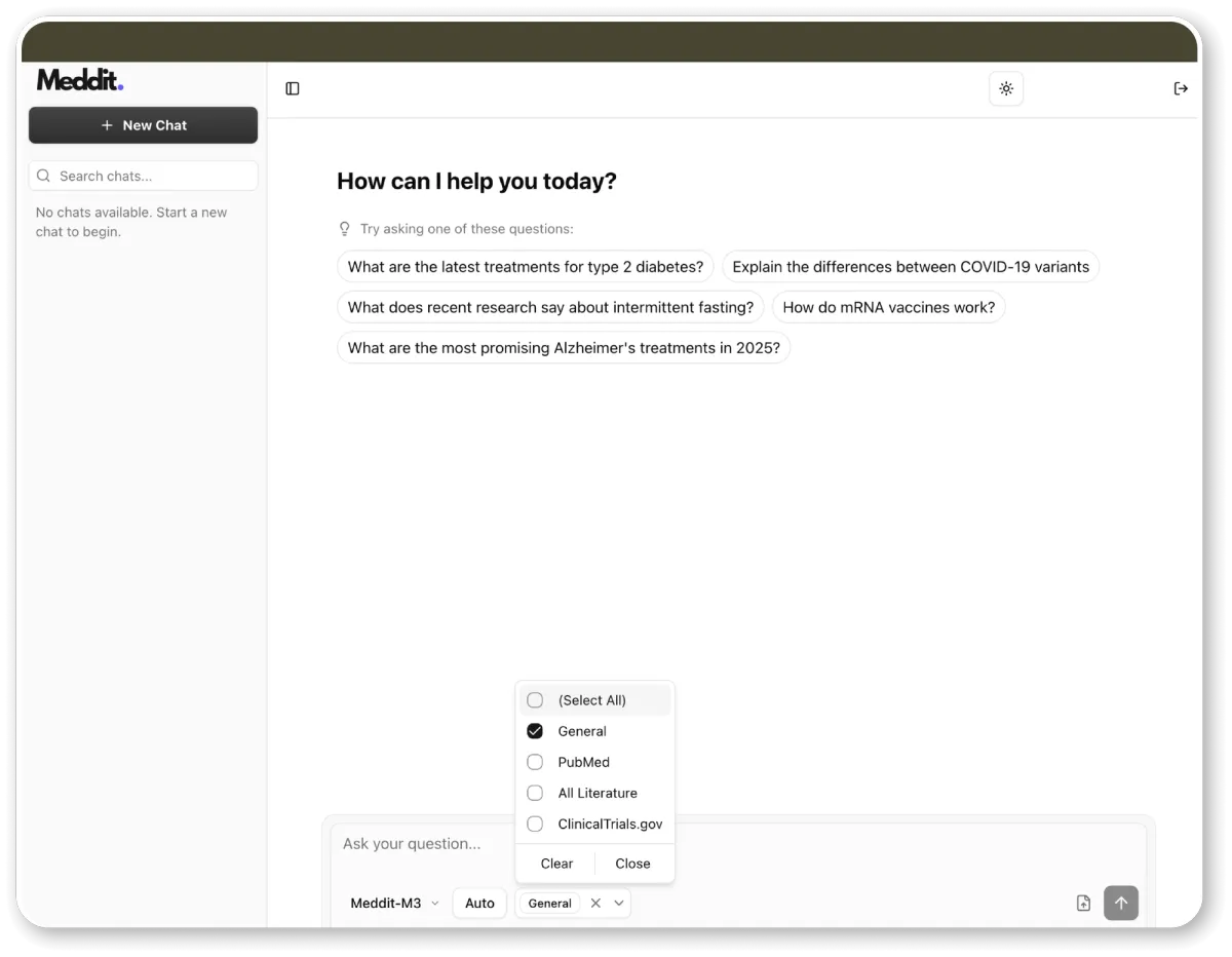 Screenshot of Meddit.ai platform home page, selecting mode