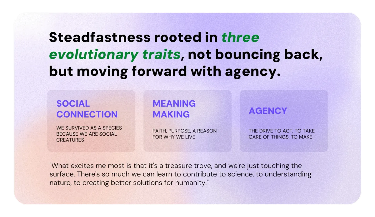 Steadfastness rooted in three evolutionary traits, not bouncing back, but moving forward with agency.
