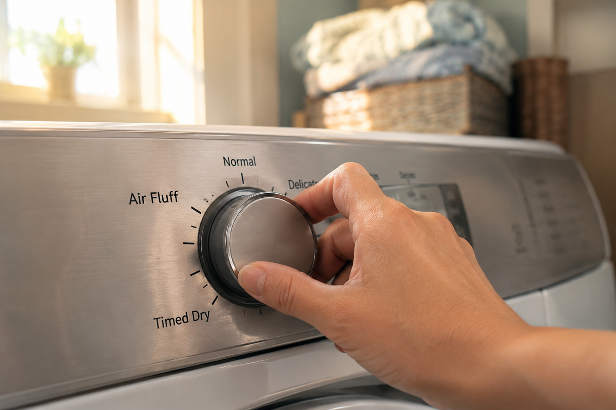 Hand-adjusting-dryer-cycle-selector-dial-to-check-heat-setting