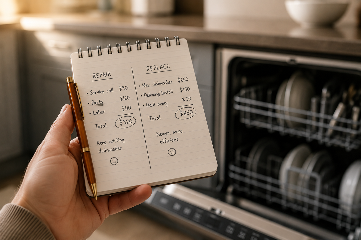 Handwritten cost notes beside an open dishwasher