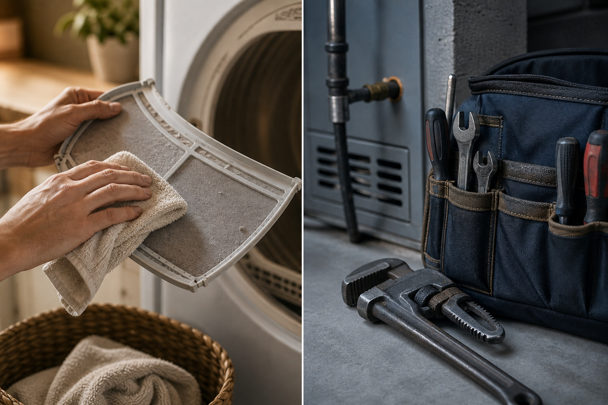 Split image contrasting DIY appliance cleaning with professional repair tools