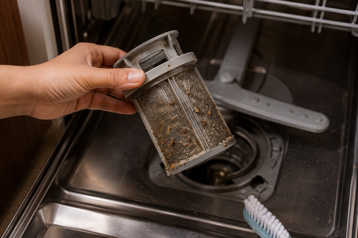how-to-unclog-a-dishwasher-removing-dirty-filter-clogged-with-debris