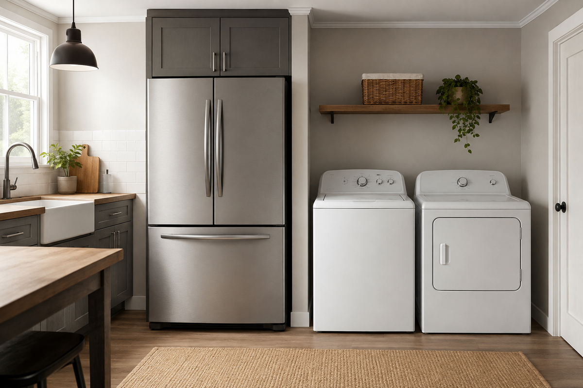 Refrigerator, washer, and dryer side by side representing appliance lifespan differences