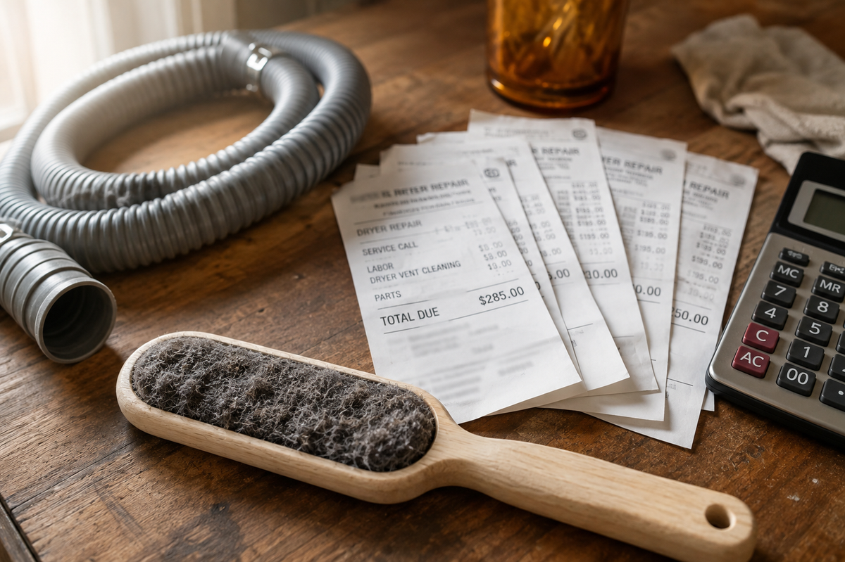 Dryer vent brush and repair receipts illustrating appliance maintenance cost savings