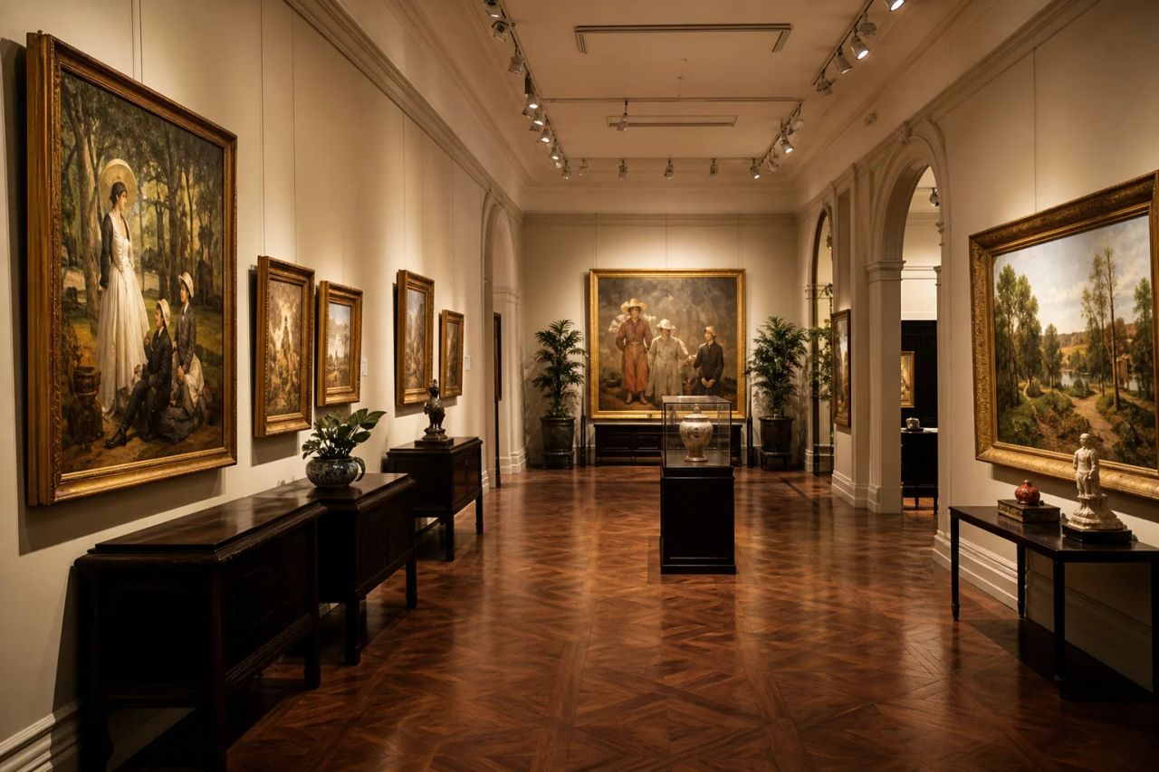 Không gian gallery với tranh treo tường