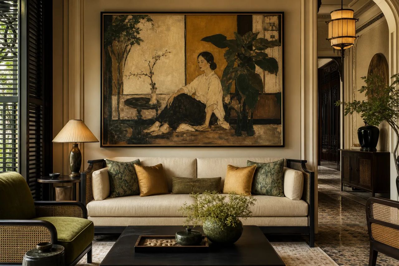 Bức tường gallery với khung mạ vàng
