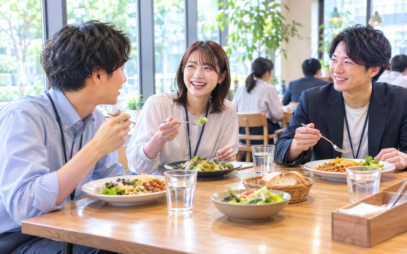 明るい社員食堂で木製テーブルを囲み、パスタやサラダの皿を前にフォークを手に会話しながら昼食をとる社員3人