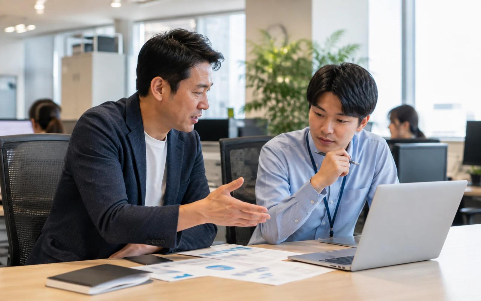 オフィスの机で、棒グラフや円グラフが印刷された資料を前に、二人の社員が話し合っている様子