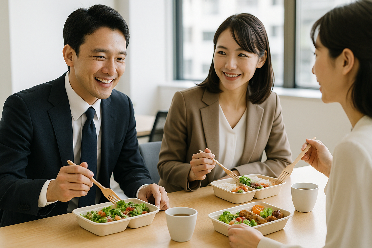 オフィスのテーブルで、使い捨て容器の弁当を前に会話しながら食事をする3人の社員