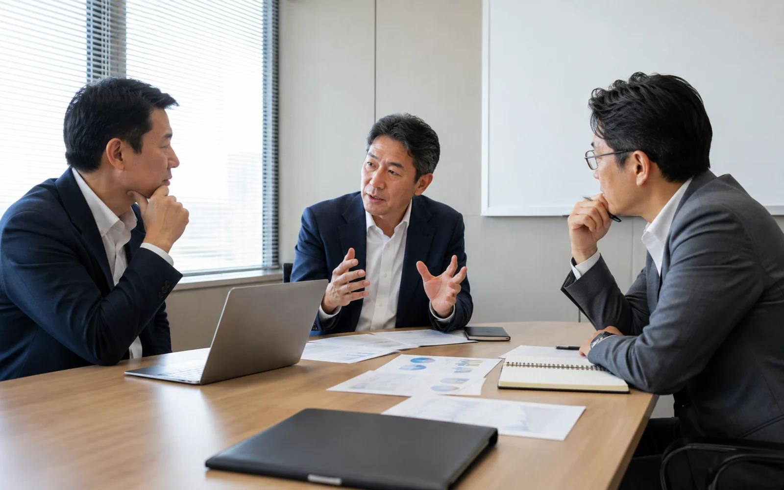 会議室のテーブルで資料を広げ、スーツ姿の男性3人が向かい合って商談している様子