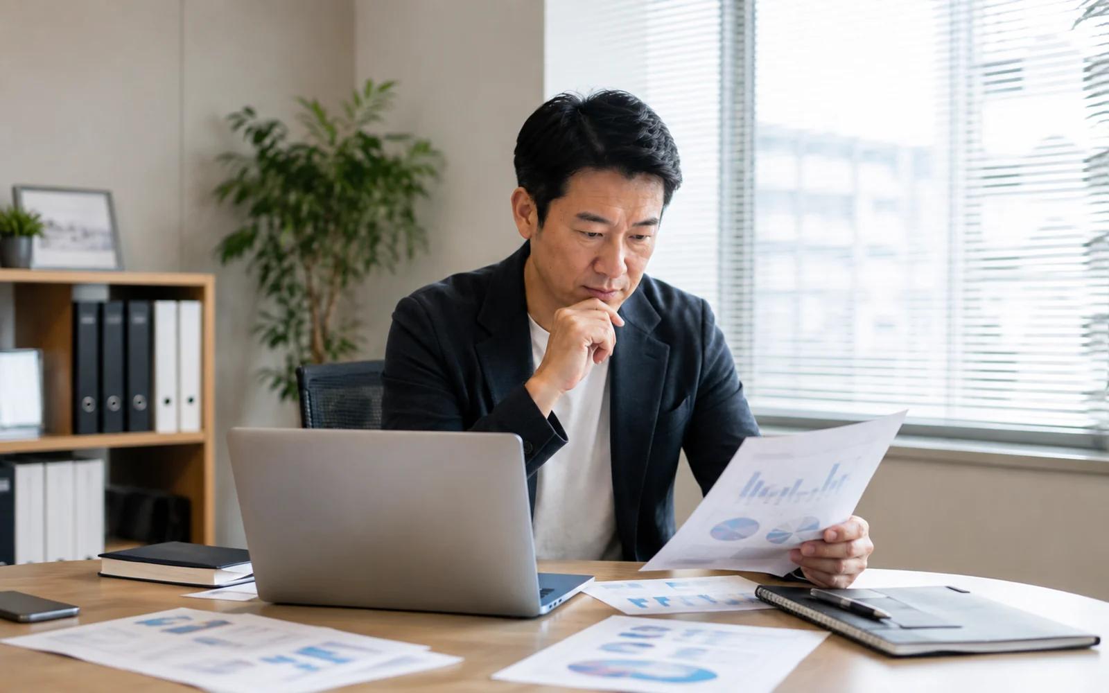 デスクでノートパソコンを開き、円グラフや棒グラフが印刷された紙の資料を手に取って読んでいるジャケット姿の男性