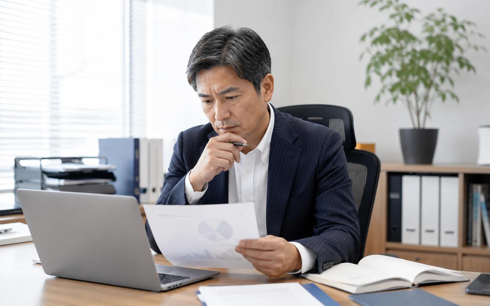 デスクで円グラフの印刷資料を手に取り、眉を寄せて読み込む中高年の男性