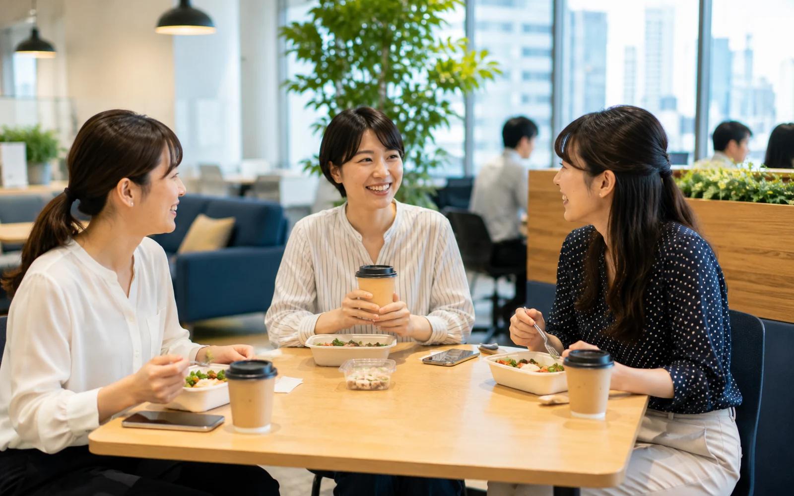 オフィスの休憩スペースのテーブルで、弁当や紙コップを前に昼食をとりながら話している3人の社員