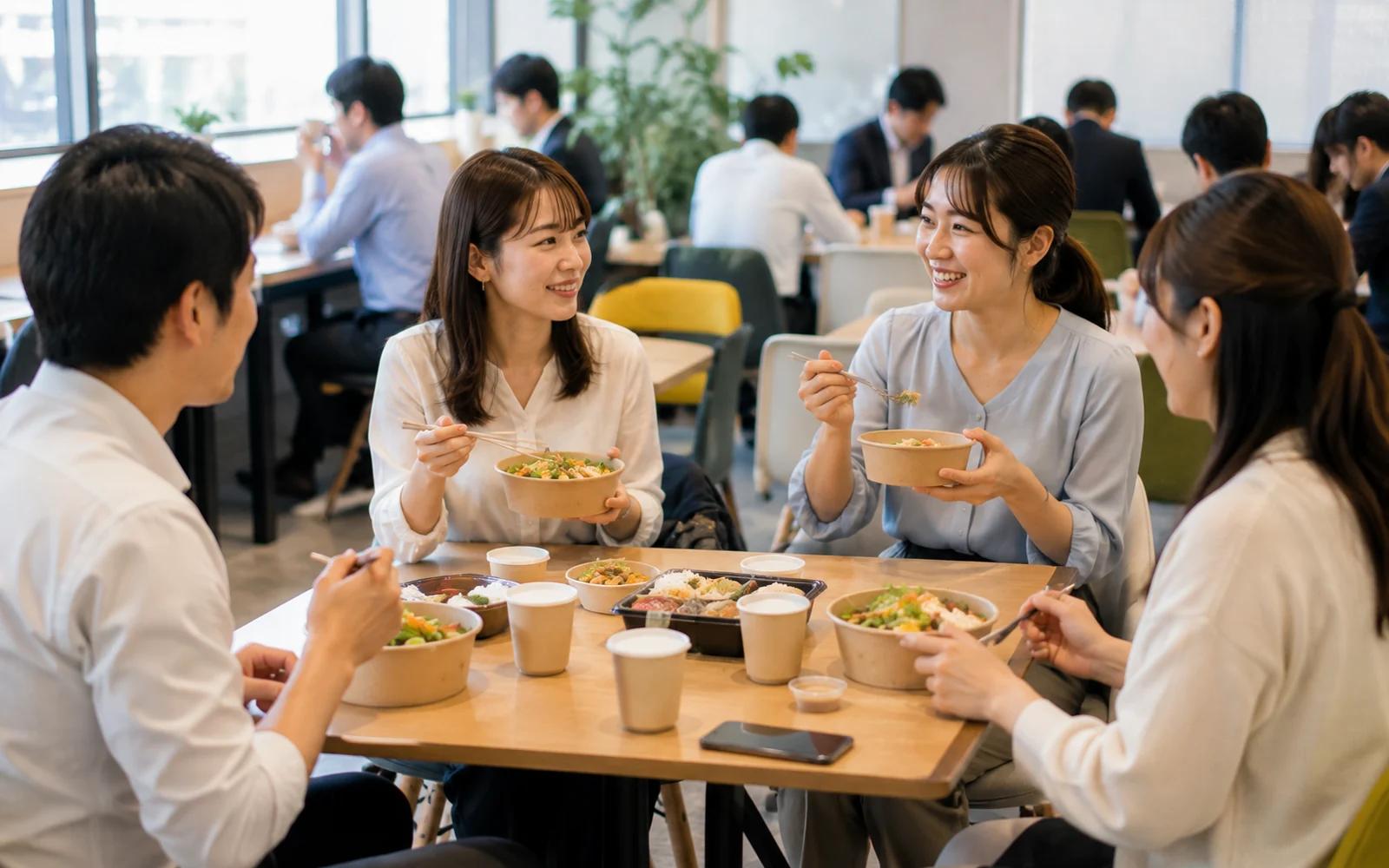 社員食堂で丸テーブルを囲み、丼型の容器に入った食事をとりながら会話する社員たちと、奥で食事をする多数の社員