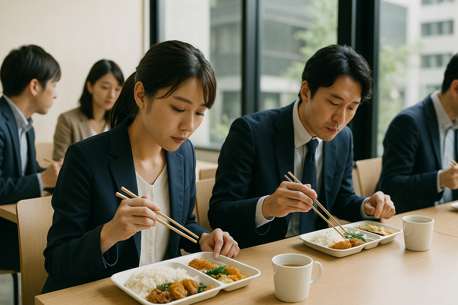オフィスの席で、トレーに載ったご飯と揚げ物を黙って食べている社員2人