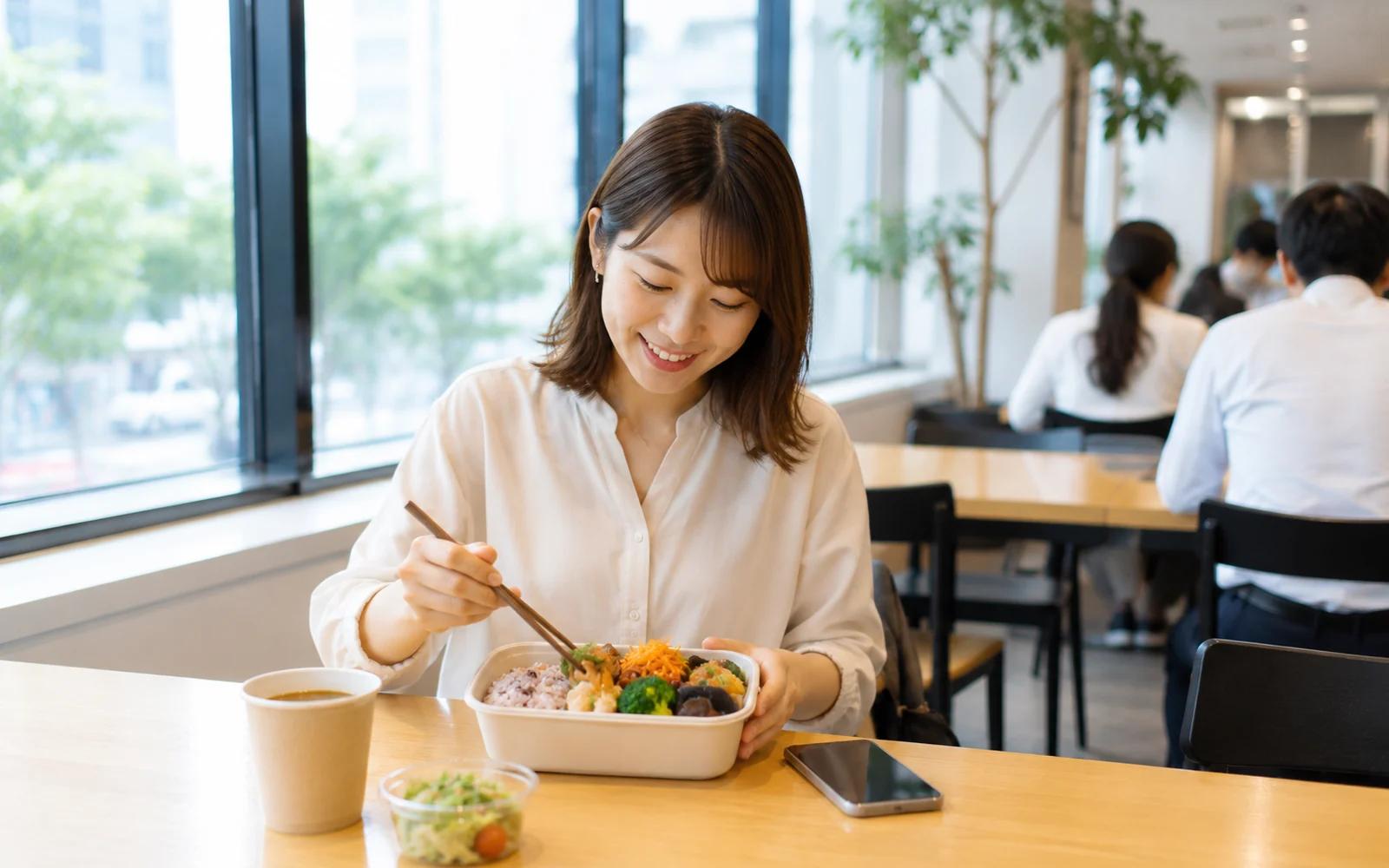 オフィスの休憩スペースで、おかずと雑穀ごはんの入った弁当箱を持って箸で食べている女性。手前に紙コップのコーヒーとサラダの容器がある