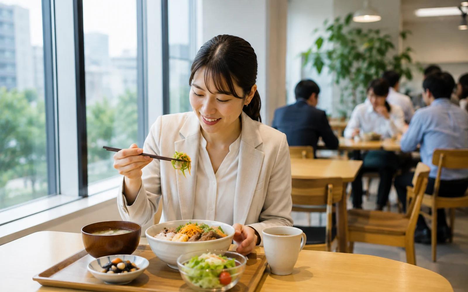 社員食堂の窓際テーブルで、木製トレーに載ったご飯もの・汁椀・小鉢の食事を箸で取る女性社員。奥のテーブルでも複数の社員が食事している