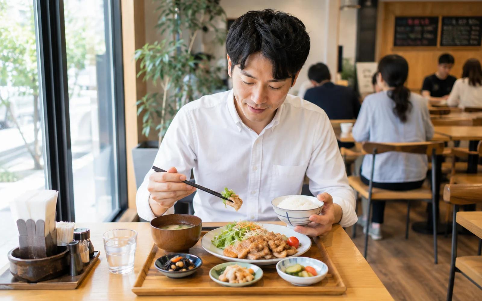 飲食店の窓際席で、トレーに載った唐揚げとサラダ、白飯、味噌汁の定食を箸で食べている男性