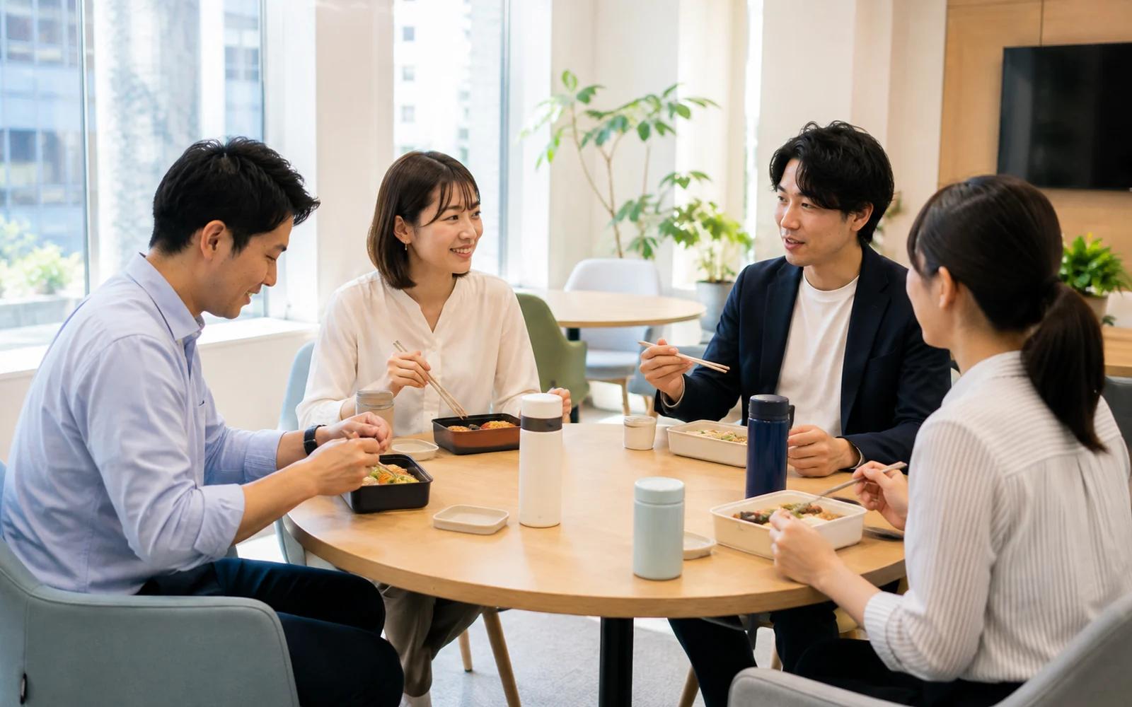 オフィスの休憩スペースで弁当箱を開けて食事をする4人の社員