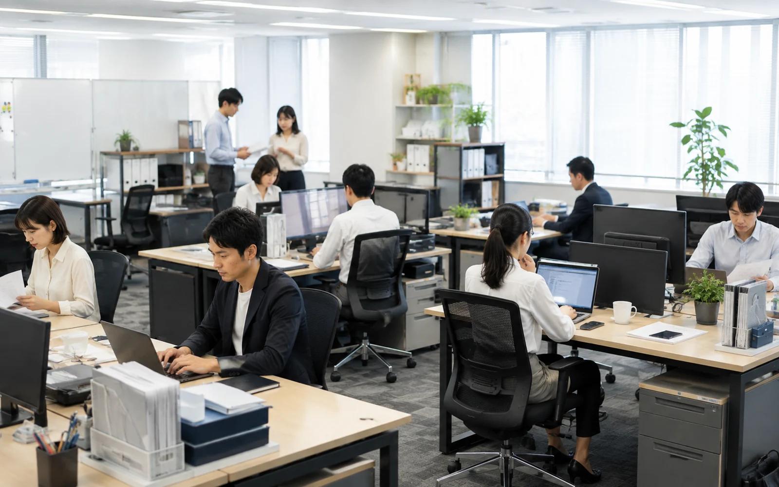 デスクが島状に並んだオフィスで、それぞれの席に着いて働く十数人の従業員