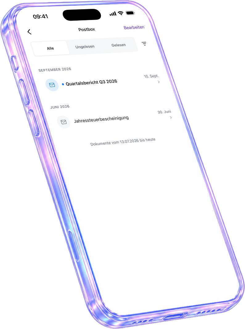 Die quirion-App zeigt die Postbox mit Quartalsbericht und Steuerbescheinigung