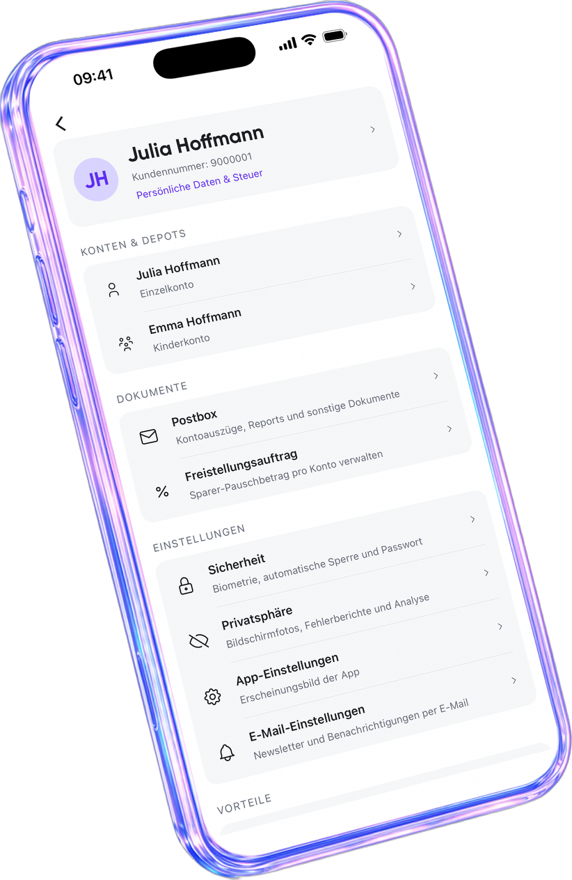 Die quirion-App zeigt das Profil mit Konten, Dokumenten und Einstellungen