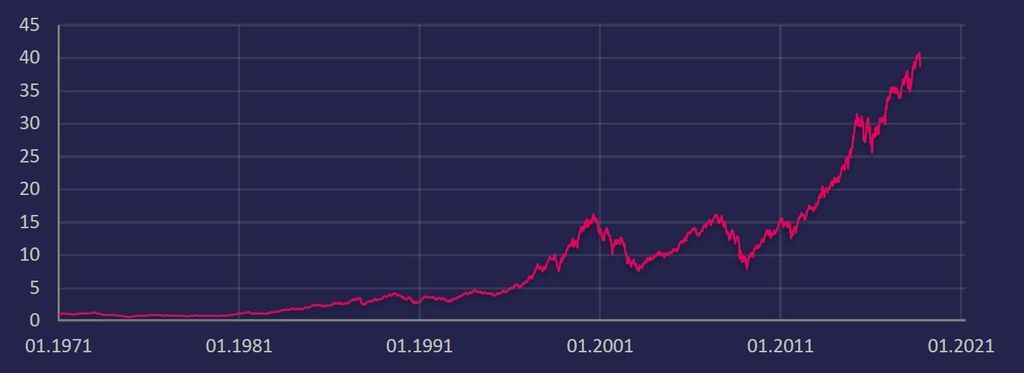 Liniendiagramm eines Aktienindex von 1971 bis 2021: Anstieg von etwa 1 auf 40 trotz mehrerer Einbrüche
