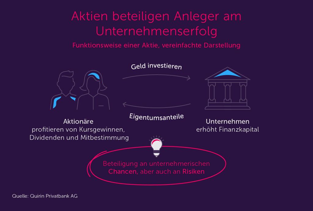 Grafik: Aktionäre investieren Geld, Unternehmen gibt Eigentumsanteile, Beteiligung an Chancen und Risiken