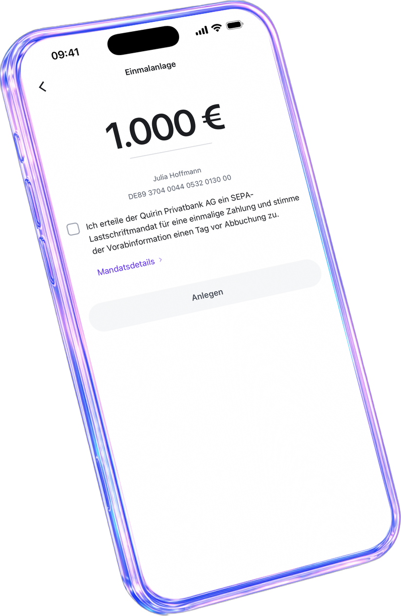 Die quirion-App zeigt eine Einmalanlage über 1.000 Euro