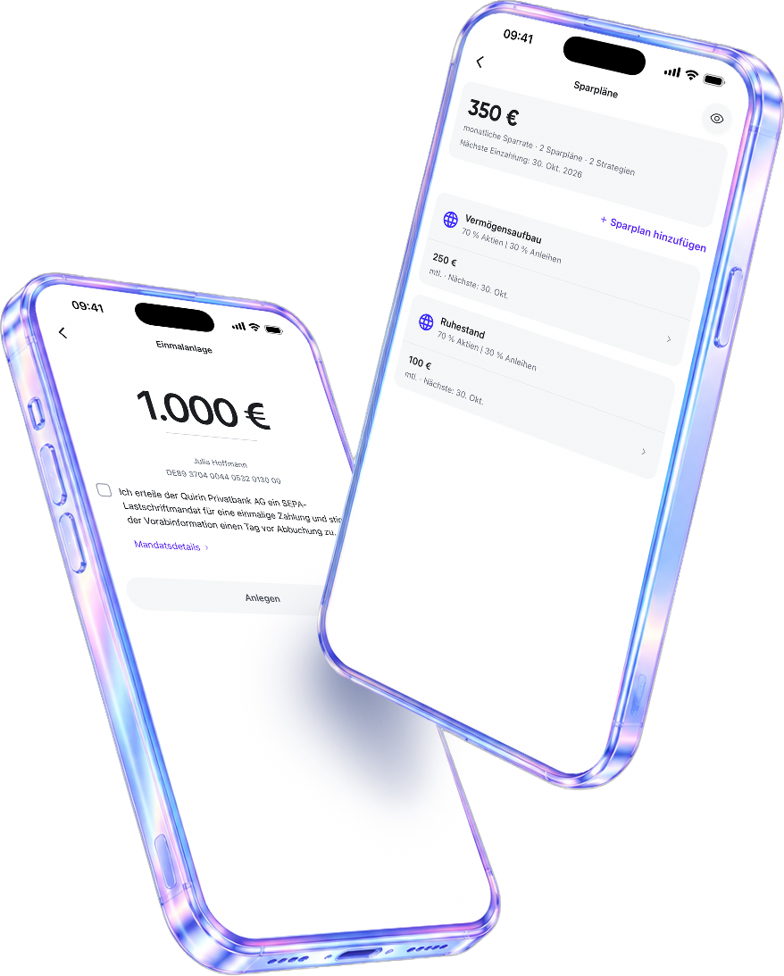 Zwei Smartphones mit der quirion-App: eine Einmalanlage und die Sparplan-Übersicht