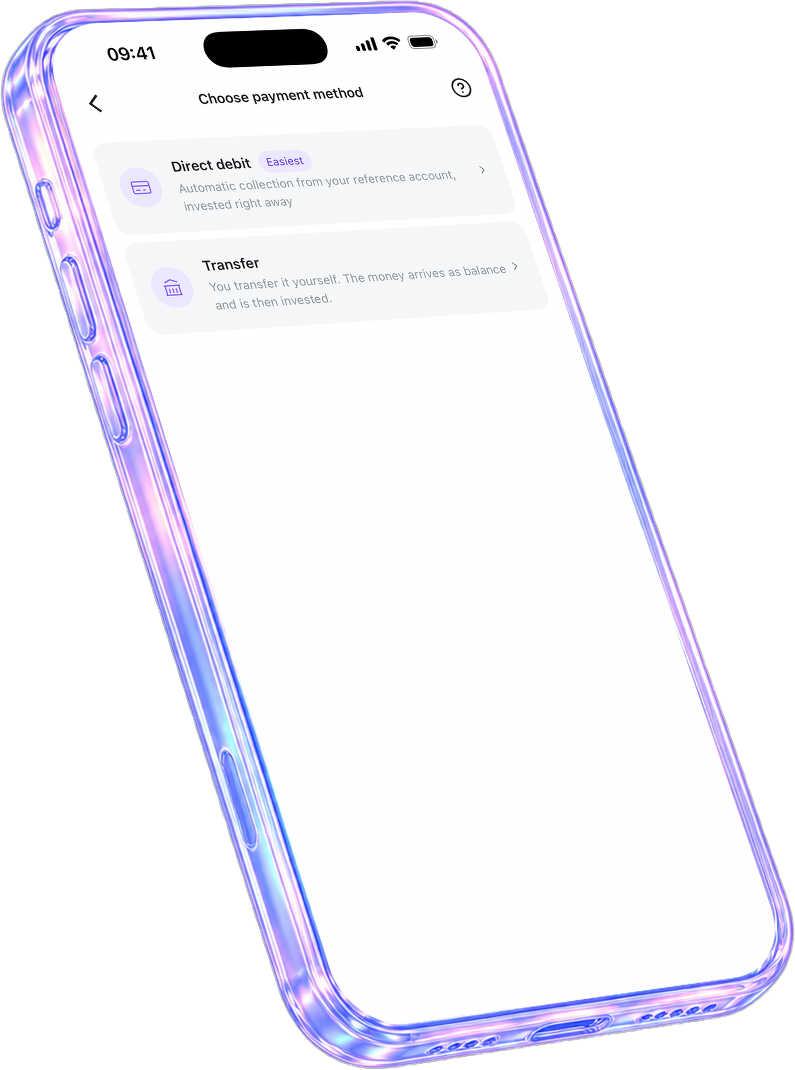 The quirion app shows the choice of payment method: direct debit or transfer