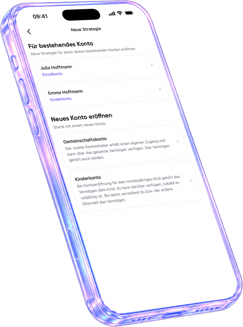 Die quirion-App zeigt die Eröffnung einer neuen Strategie, eines Gemeinschafts- oder Kinderkontos