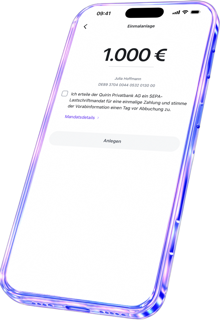Die quirion-App zeigt eine Einmalanlage über 1.000 Euro