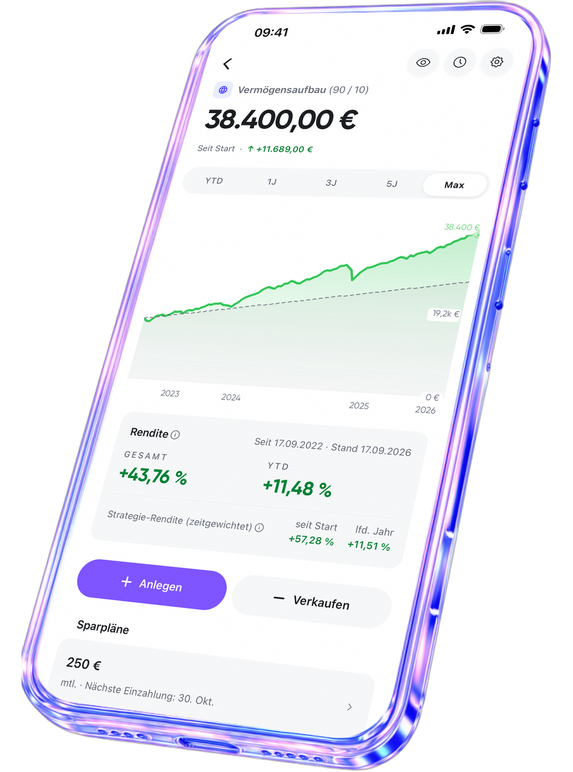 Die quirion-App auf einem Smartphone: Depotwert, Wertverlauf und die Schaltflächen zum Ein- und Auszahlen