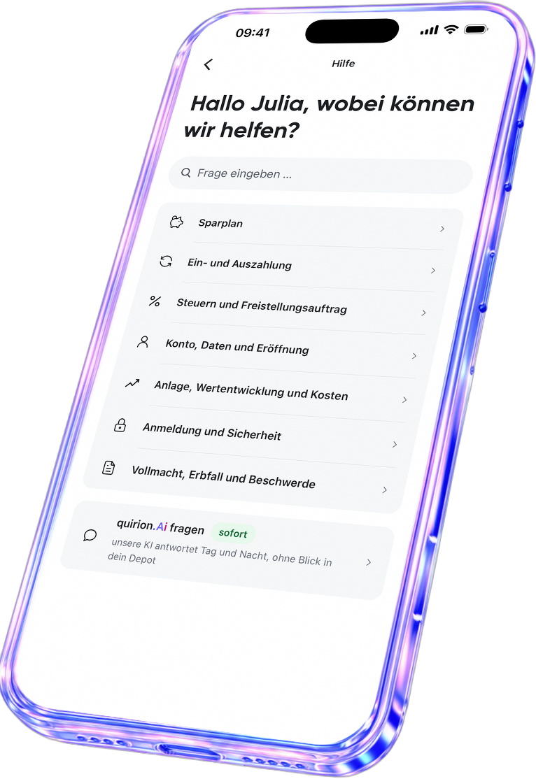 Die quirion-App zeigt den Hilfebereich mit Themen und der Frage an quirion.ai