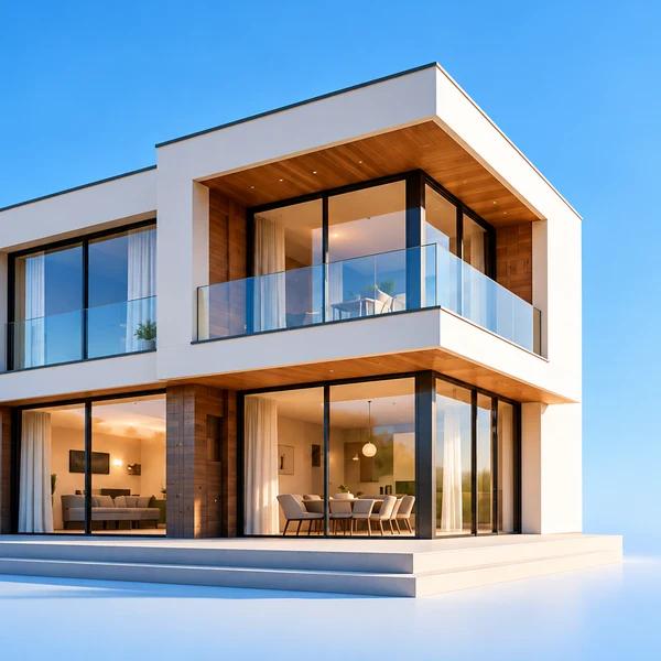 Eine moderne Villa unter blauem Himmel
