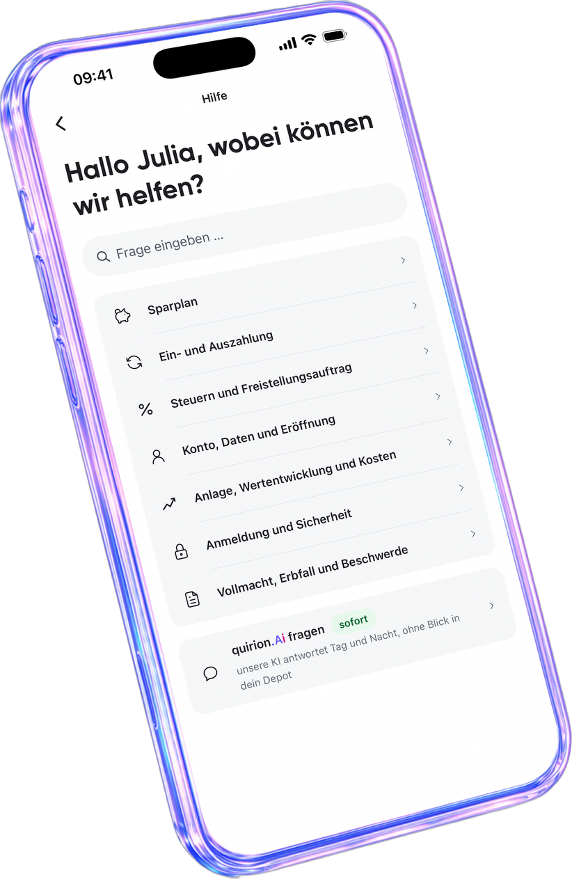 Die quirion-App zeigt den Hilfebereich mit Themen und der Frage an quirion.ai