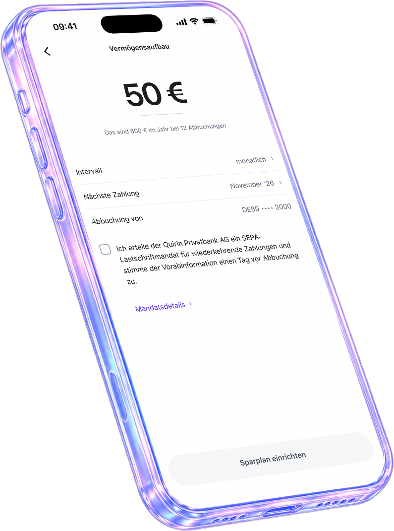 Die quirion-App zeigt einen neuen Sparplan über 50 Euro im Monat