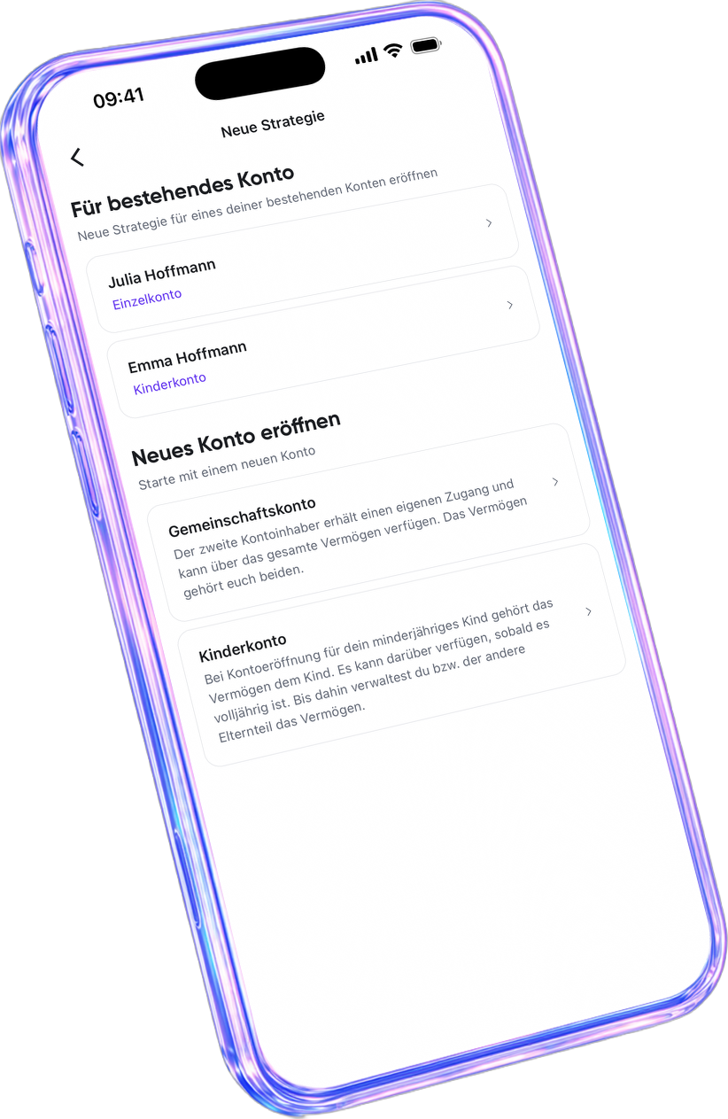 Die quirion-App zeigt die Eröffnung einer neuen Strategie, eines Gemeinschafts- oder Kinderkontos
