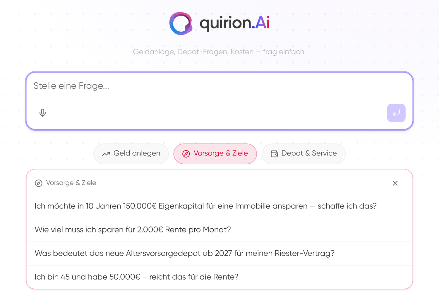 Screenshot der Finanz-KI quirion.Ai mit Eingabefeld und Beispielfragen zu Vorsorge und Zielen