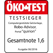 ÖKO-TEST-Siegel: Testsieger Robo-Advisor Portal quirion, Gesamtnote 1,6, Ausgabe 06/2016