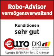 Auszeichnung „Robo-Advisor vermögensverwaltend“ von Euro am Sonntag und DKI mit der Bewertung „Konditionen sehr gut“
