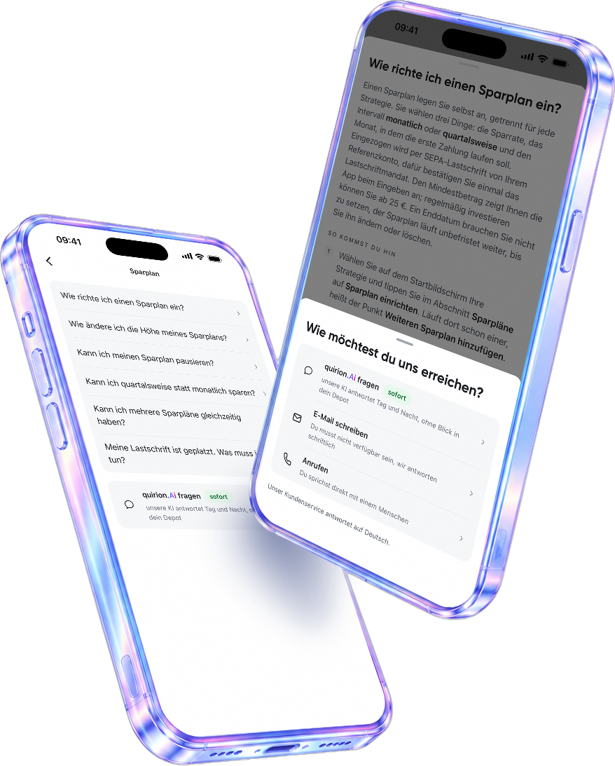 Zwei Smartphones mit der quirion-App: Hilfe-Fragen zum Sparplan und die Wahl zwischen KI, E-Mail und Anruf