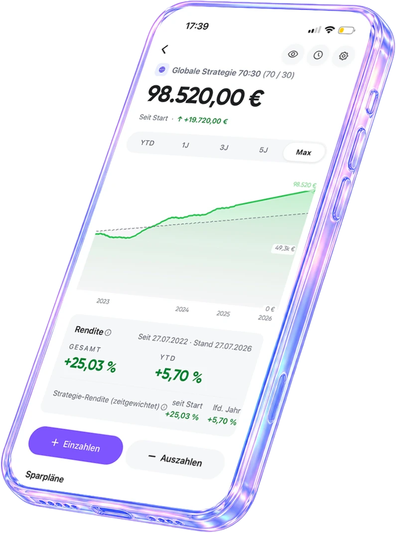Die quirion-App auf einem Smartphone: Depotwert, Wertverlauf und die Schaltflächen zum Ein- und Auszahlen