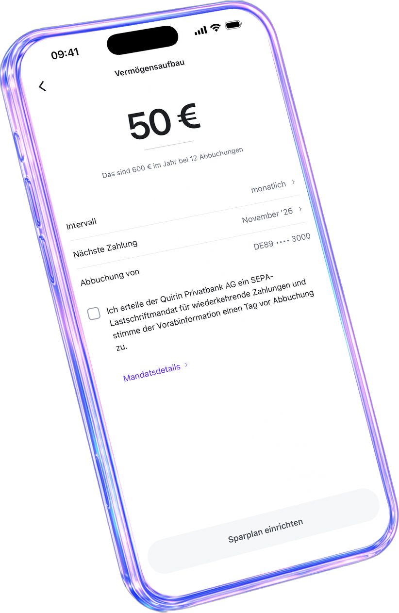 Die quirion-App zeigt einen neuen Sparplan über 50 Euro im Monat