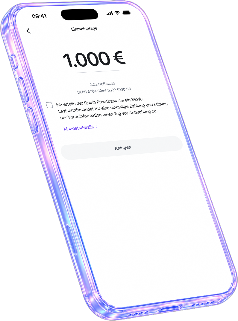 Die quirion-App zeigt eine Einmalanlage über 1.000 Euro