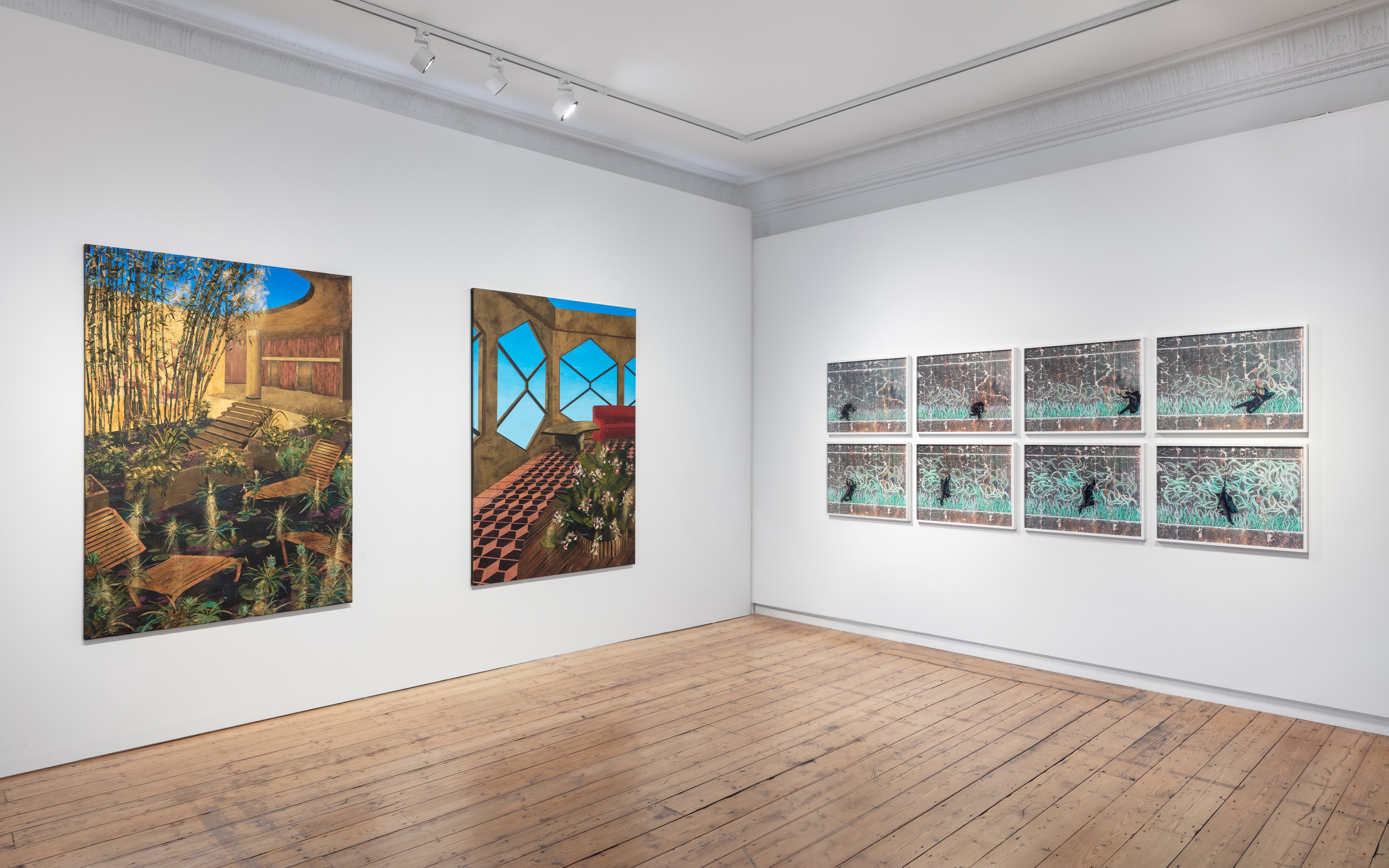 Installation view of In Dialogue: Robin Rhode & Rogelio Báez Vega at Lehmann Maupin London